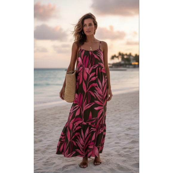 Time and Tru Dresses & Skirts - Time and Tru Tropical Maxi Dress Large Olive Pink Palm Leaf